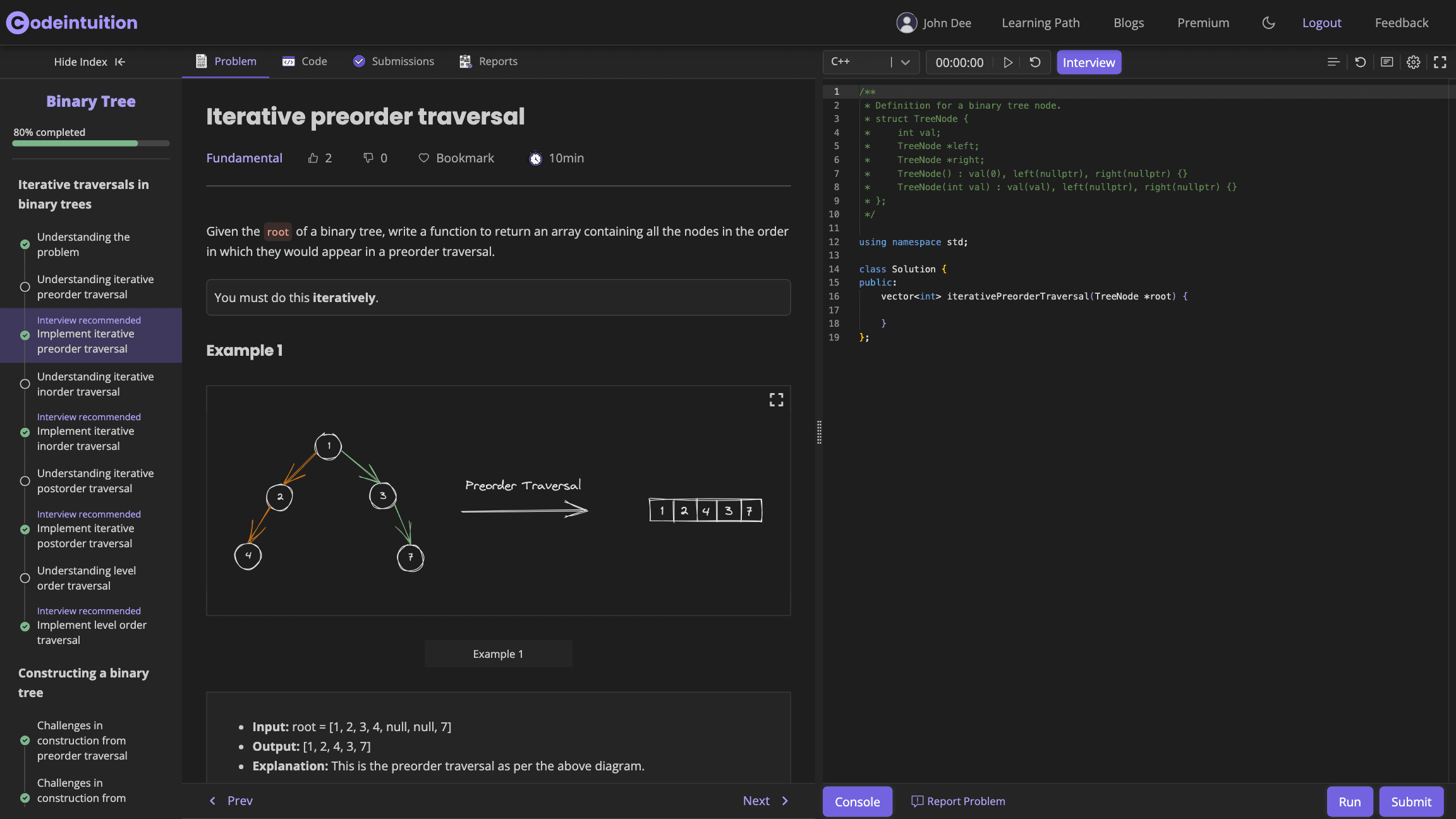 Codeintuition integrated IDE showing a coding problem and pattern based solution