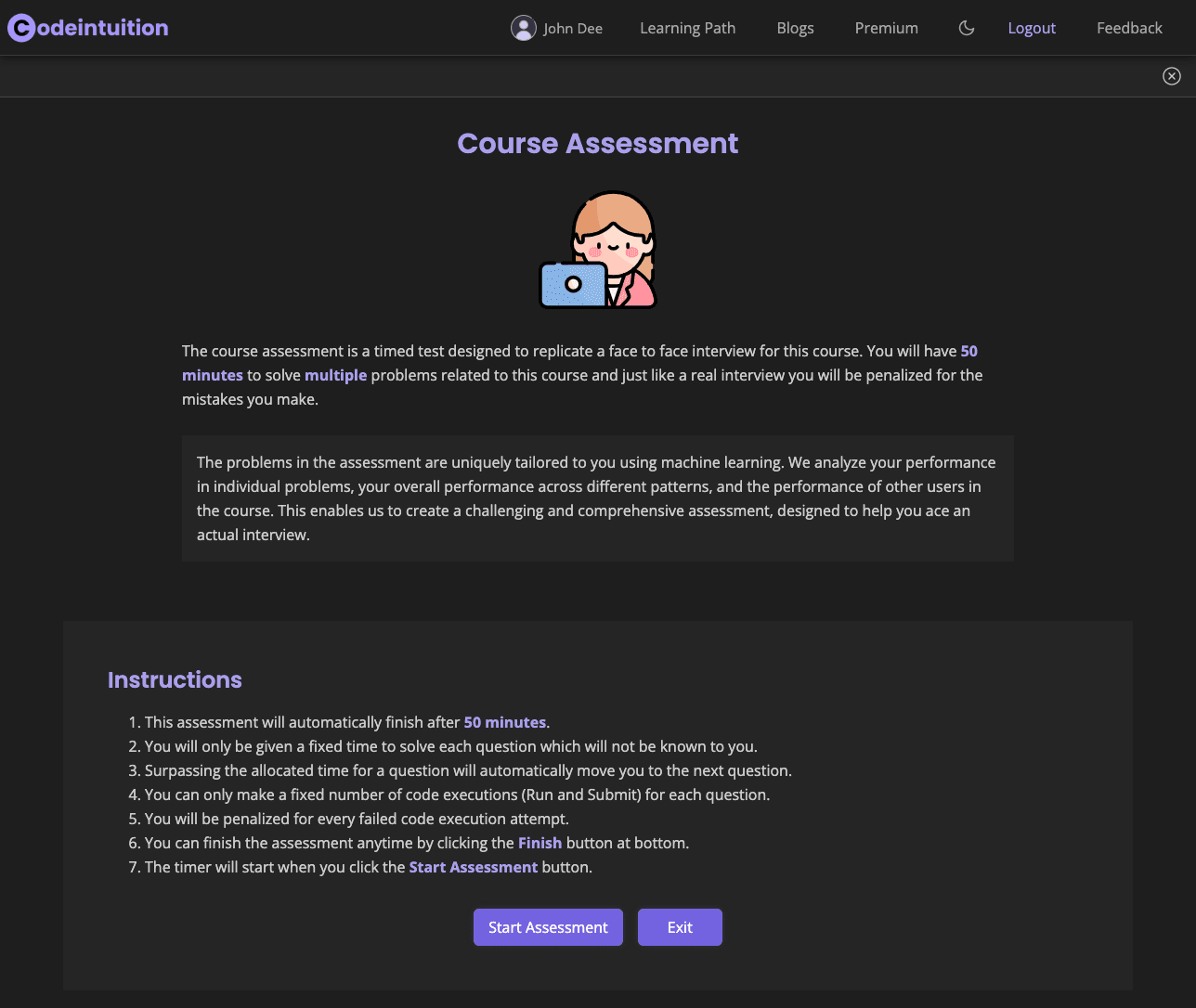 Codeintuition interview mode simulating real coding interview conditions with timer and limited attempts