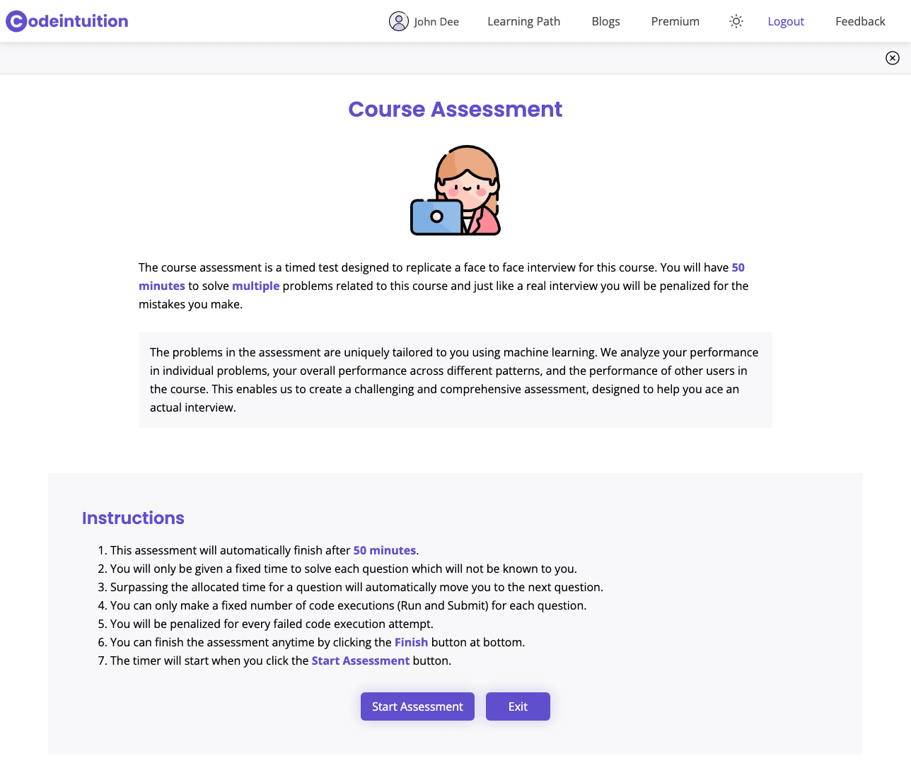Codeintuition interview mode simulating real coding interview conditions with timer and limited attempts