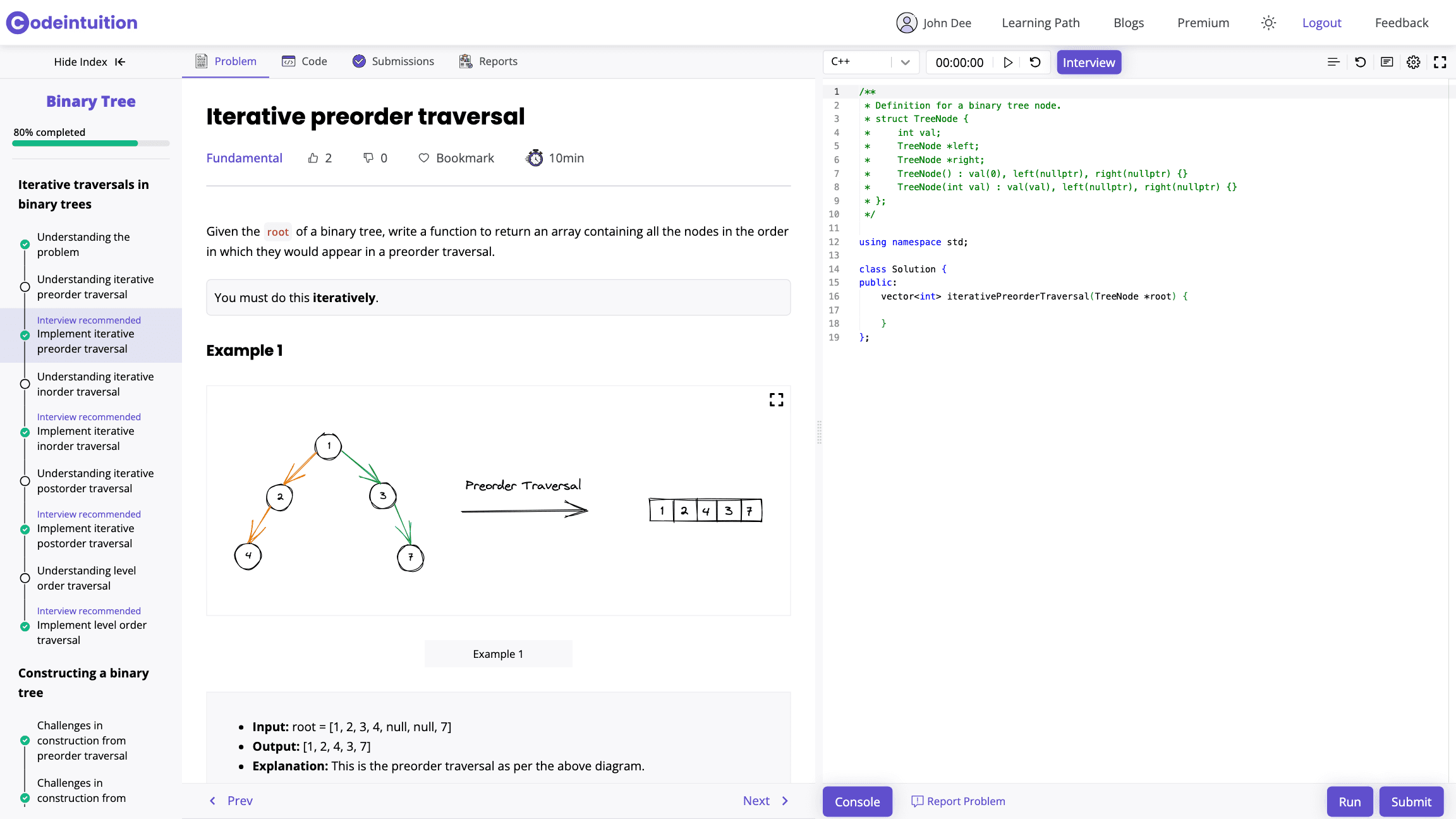 Codeintuition integrated IDE showing a coding problem and pattern based solution