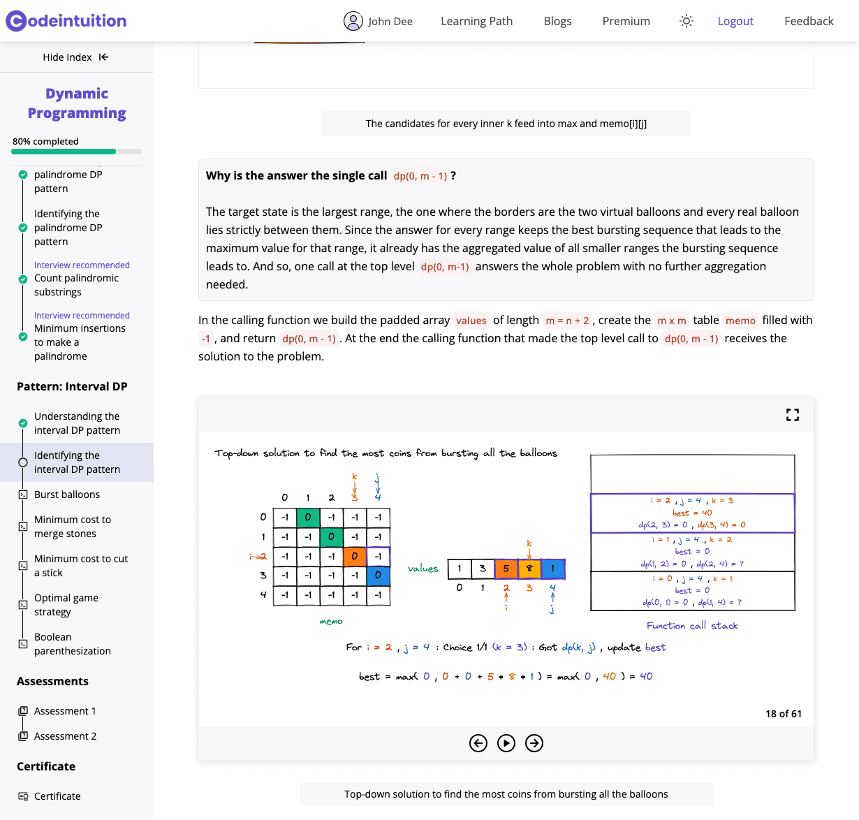 CodeIntuition lesson showing in depth explanation with visual walkthroughs and dry runs for active learning